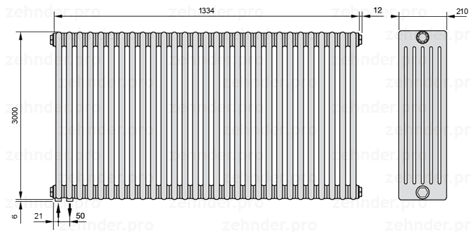 Схема (чертеж) Радиатор Zehnder Charleston 6300/29 №3370 Белый глянцевый RAL 9016